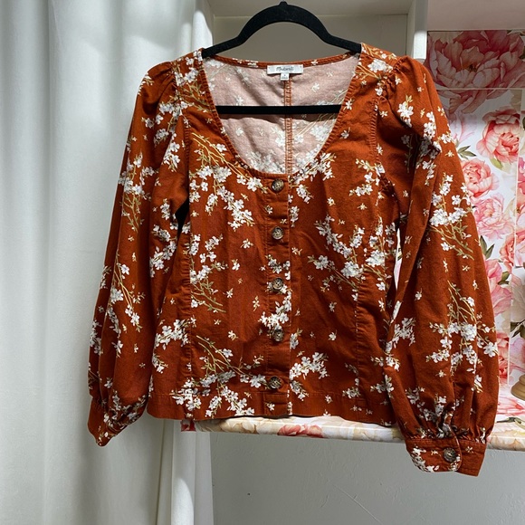 Madewell Corduroy Shirred-Sleeve Button-Front Top in Farmstand Bouquet - Picture 3 of 9